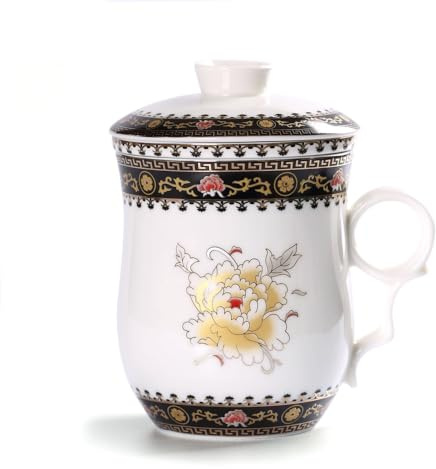 GOARTEA Porcelain Tea Infuser Mug with Lid - 300ml Ceramic Tea Cup, Handmade Peony Flower Pattern, Loose Leaf Tea Brewing Mug with Removable Filter, Microwave & Dishwasher Safe (Black Border)