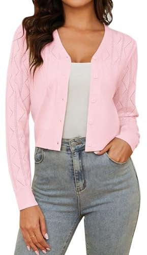 Irevial Elegante Cardigan Ligero con Cuello V Mujer Frontal Abierto de Punto Elástico Corta Tradicional Chaqueta Mujer Chaqueta con Botón Cuello en V para Cóctel Boda Rosa，M