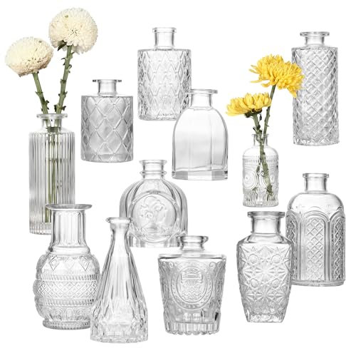 12er Set kleine Vasen, Vintage-Stil, kleine Glasvasen für Tischdekoration, Hochzeitsdekoration und Wohnzimmer-Dekoration