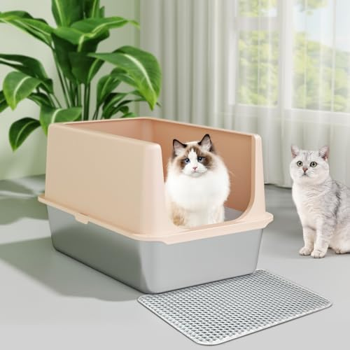 Katzenklo Edelstahl mit Deckel, katzentoilette,35,5 cm katzenklo hohem Rand | Katzenklo Offene,Extra Große Katzentoilette mit Aprikose Deckel,Leichtes Reinigen