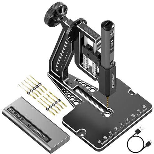 AM ARROWMAX Mini Electric Drill Pen with Benchtop Press, 5-Speed, 10 Small Drill Bits with Aluminium Box, LED Lights, OLED Display, Resin Drill Set For Jewelry Making, Plastic, Wood (SDS ULTRA PLUS)