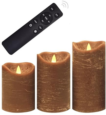 CANDLE CHOICE Real Wax Battery Operated Flameless Candles with Remote Automatic Daily Cycle Timer Realistic Flickering Electric LED Pillars Wedding Party Holiday Decoration 3 Pack Rustic Texture Brown