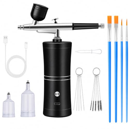 Risegun Kit Aerografo con Compressore, Set Aerografo Senza Fili, Aerografo Con Compressore USB Ricaricabile con Ugello da 0,4mm Ideale per Nail Art, Trucco e Pittura (Nero)
