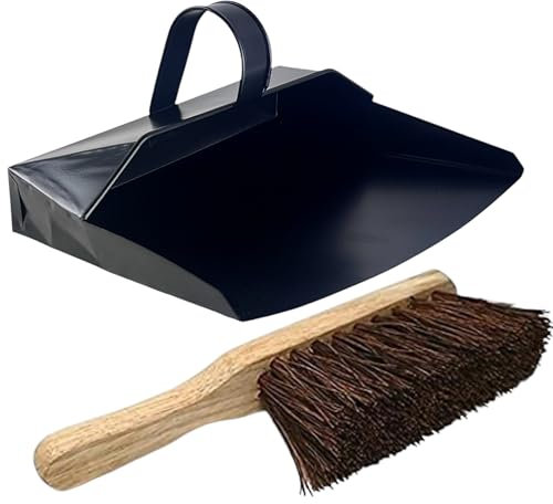 Easy Shopping® Heavy Duty Metal Dustpan with Handle Industrial Design Large Black Hooded Metal Dustpan Cleaning Scoop Also Suitable for Fireplace, homes, log burners, stoves. (Dustpan With Hard Brush)
