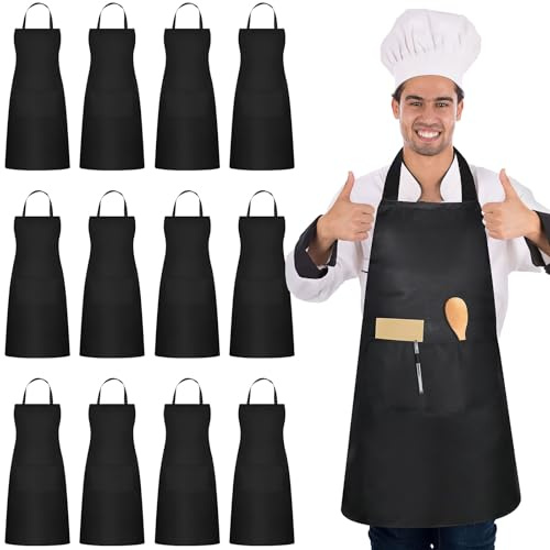 TESIN 12 Stück Schwarze Kochschürzen Set, Unisex Grillschürze mit geräumigen für Männer und Frauen, Koch- und Küchenschürzen für Küche Kochen Backen Garten BBQ (63x78cm)