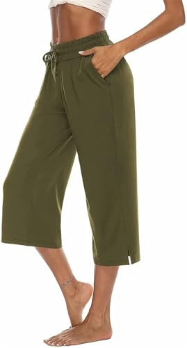 ASKSA Womens 3/4 Capri Pants Wide Leg Crop Trousers Jogging Yoga Loose Comfy Lounge Drawstring Sweatpants with Pockets