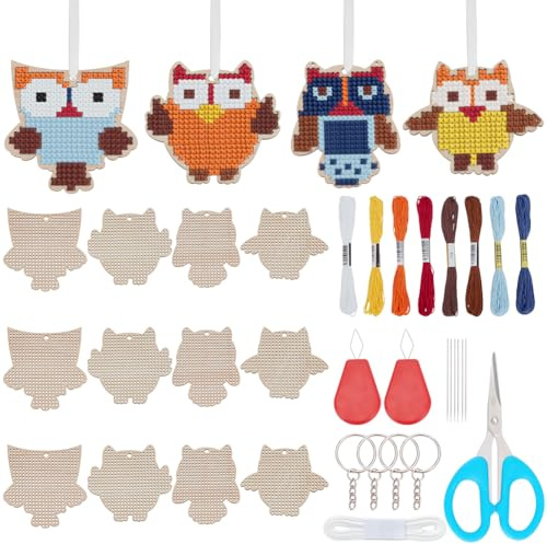 WEBEEDY 12 Sets Eulen Hölzerne Kreuzstich Kits für Anfänger,Holzspan Schlüsselanhänger mit Anleitung,Kreuzstich Ornamente Kits für DIY Nähen Handwerk Hängende Dekoration