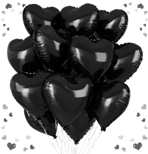 Schwarze Herz-Luftballons, 45,7 cm, schwarzer Herz-Ballon, 12 Stück, große Helium-Folie, romantische Ballons für Geburtstag, Abschlussfeier, Hochzeit, Braut, Verlobung, Party, Jahrestag, Dekoration