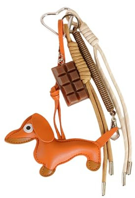 Kinretixia Dackel Schlüsselanhänger In Künstlichem Leder mit Schokoladenanhänger, Niedliche Y2K Tasche Für Damen, Schlüsselanhänger zum Geburtstag, Aesthetic Accessoire orange