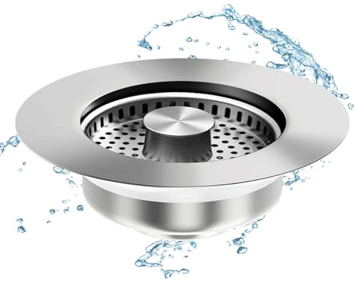 UZSUZZ Bouchon Evier Cuisine 3 en 1, Passoire et Bouchon Universel en Acier Inoxydable avec Filtre Anti-Colmatage, Installation Facile pour Trou d'Évier de 75-87mm