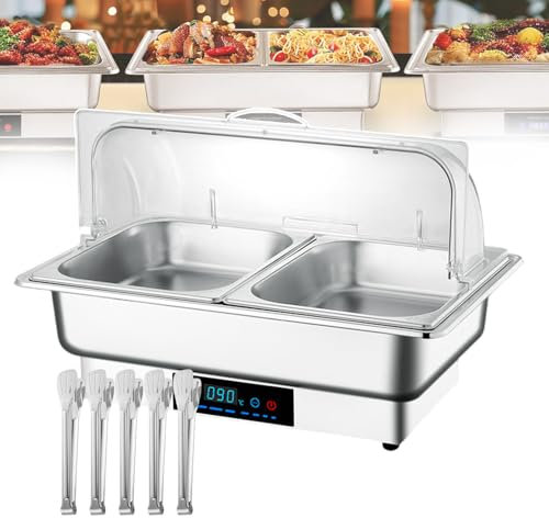 QUSYZD 9L Elektrischer Chafing Dish mit 1/2/3 Gittern Edelstahlbecken, Buffet-Set Lebensmitteldampftisch mit Touch-Bedienfeld und Anti-Rutsch-Fußpolster für Outdoor-Camping,2-Gitter,