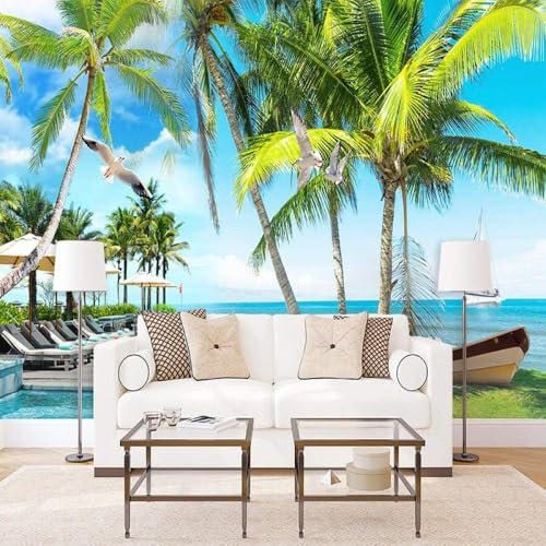 Sea Seagulls Sailboats Coconut Trees 3D Wallpaper Feature Office Living Room Sofa Bedroom TV Background Wall Decoration-430cm×300cm