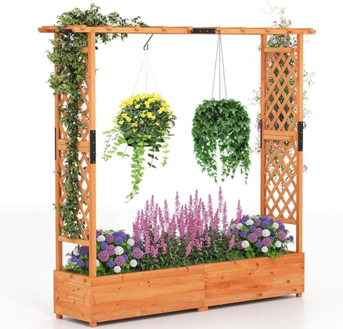 COSTWAY Garden Planter with Trellis, Hanging Roof and Drainage Holes, Weather-Resistant Wooden Raised Bed for Vine Climbing Plants, Outdoor Trough Container Grow Box Flower Pot (Orange, 196x44x182cm)
