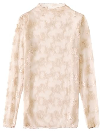 Top mesh da donna sexy top con glitter top in rete trasparente camicetta a maniche lunghe top in pizzo trasparente camicetta mesh trasparente per feste club festival, beige., Taglia unica