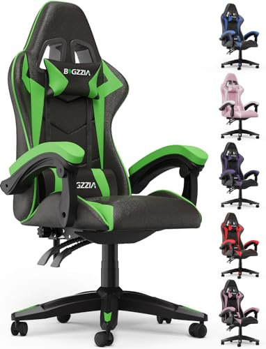 Bigzzia Gaming Stuhl Gaming Sessel, 90-135° Rückenlehne, Gaming Chair Grün | Gaming Sessel mit Lendenkissen und Kopfstütze, höhenverstellbar, PC Stuhl für Erwachsene, Mädchen und Jungen, aus PU-Leder