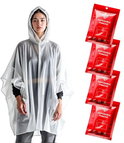 ZENO Poncho Pluie Imperméable Jetable - Cape de Pluie Femme Homme - Poncho Transparent avec Capuche - Imperméable pour Festival Vélo Randonée - Pack de 4 - Édition Red Rush