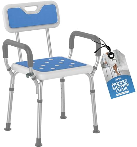 ZENO Shower Chair | Bath Chair for Elderly and Disabled | EVA Padded Shower Stool with Back and Arms, 6 Height Adjustable, 4 Suction Foot Pads | Easy To Assemble | Blue
