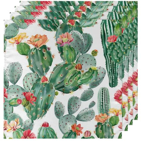 Set di 4 tovaglioli di stoffa riutilizzabili in morbido tessuto, 50 x 50 cm, cactus tropicali, cactus, cactus, fiori del deserto, pianta verde, lavabili, per cene e tè, per cucina e ristorante