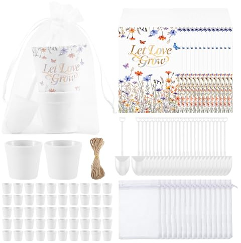 Ansberta 200 Stück Let Love Grow Hochzeitsgeschenke für Gäste, inklusive 50 Blumensamen-Paketen, 50 Töpfe, 50 Organza-Beutel, 50 Gartenschaufeln für Brautparty, Hochzeit, Party, Gastgeschenke, Keine