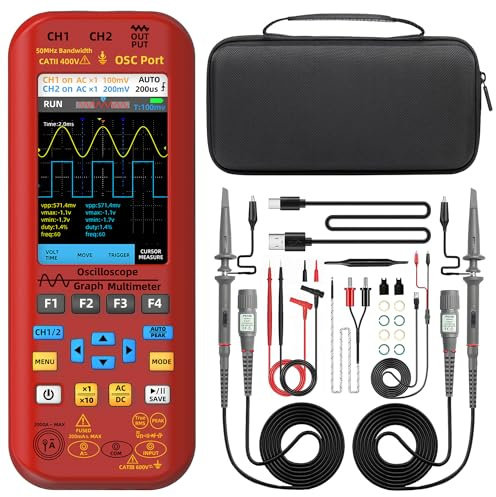 BSIDE 2 Channels Handheld Oscilloscope Multimeter, 50MHz Bandwidth with 3.98 TFT LCD, 20000 Counts Rechargeable DDS Generator, Measure Flexible AC Clamp, Temp Amp Cap Diode Voltage for Electronic DIY