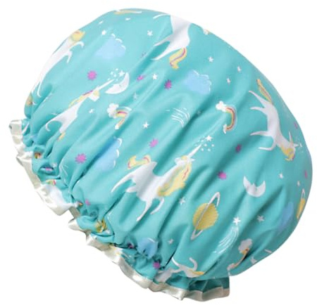 TEHAUX Doppellagige Duschhaube mit Einhorn Motiv Ölbeständig Leicht Faltbar für Damen und Duschen Kochen und Spa