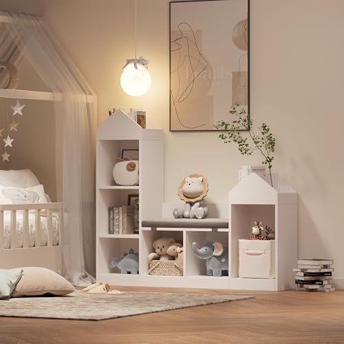 Niwugady Kinderregal, Bücherregal Kinder aus Holz mit Kissen und 6 Ablagefächern, Spielzeugregal Aufbewahrung für Kinderzimmer, Spielzimmer, Kindergärten, 122 x 30 x 108 cm, Weiß