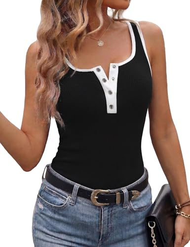 Aottori Top Donna Estivo con Bottoni Scollo Quadrato Canotta Basic Senza Maniche Coste Aderente Canottiera Sexy Sottogiacca Nero M