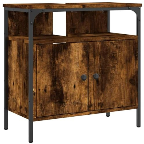 Yisssmeng Meuble sous-lavabo, 60 x 30 x 60 cm, en bois de chêne fumé et acier, chêne fumé, avec découpe pour siphon, petite salle de bain, WC d'invités