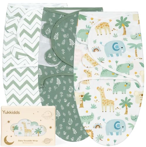 Yukkidds Baby Swaddle Blanket 1-3 Months, Swaddle Bag for Newborn | 100% Cotton, Soft & Breathable, Adjustable Fit, Quiet Hook & Loop, 3 Pack Swaddle Wrap, Baby Essentials, Green Lion