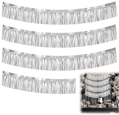 4 Stück Lametta Fransen Girlande Silber 28x200cm, Metallic Foil Fringe Vorhang für Hochzeit Geburtstag Party Halloween Deko, Glitzernd