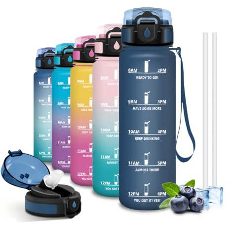 Grsta Borraccia, Borraccia 1 litro, Bottiglia Palestra con Cannuccia | Bottiglia Senza Perdite, Facile da Pulire, Borracce con Indicatore del Tempo per Ciclismo, Fitness, Yoga, Ufficio, Palestra