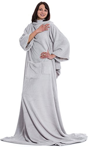 ZOLLNER Kuscheldecke mit Ärmeln - super kuschelige und warme Sofadecke - Silber - in 170x200 cm - mit Taschen - waschbar bis 95°C - Hotelqualität - Oeko Tex® Zertifiziert