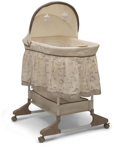 Delta Children Portable Rocking Bassinet for Newborns Bedside Sleeper Crib with Gentle Vibrations, Nightlight, Soothing Music, Adjustable Canopy, Plush Toys, Storage Basket, Baby Essentials