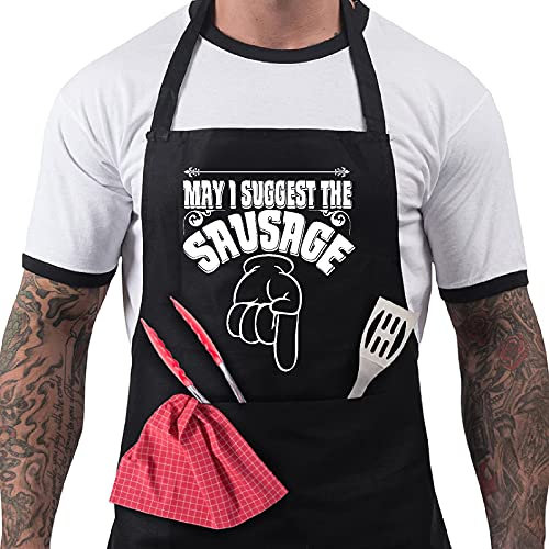 Bang Tidy Clothing BBQ Aprons for Men, Funny Cooking BBQ Apron in Black Cotton, Adjustable with 2 Pockets, Birthday, Christmas, Cooking Gift for dad, chef, husband, him - May I Suggest - Black