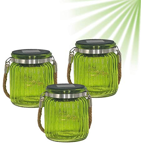 ISOTRONIC LED Solarlampe 3er Set im Einmachglas Stil – Solar Laterne mit 10 LEDs pro Glas & Seilaufhängung – wetterfeste Solar Lampe für Garten, Balkon & Outdoor (Grün)