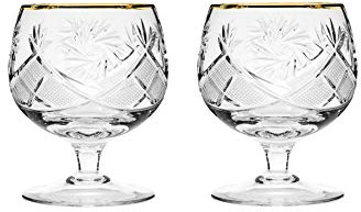HOMEHUT Set of 2 Hand Made Vintage Crystal Glasses, Brandy & Cognac Snifter with 24K Gold Rim, Old-Fashioned Glassware