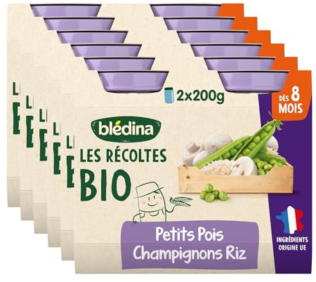 Blédina Les Récoltes Bio, Petits pots bébé Bio dès 8 Mois, Petits Pois, Champignons, Riz, 2x200g (Lot de 6)
