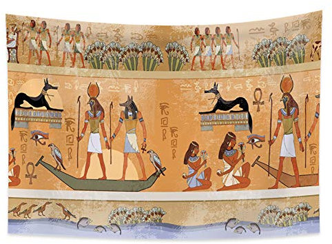 YONGFOTO 100x70cm Alt Ägypten Wandteppich, Ägyptische Götter Pharaonen Wandteppiche Schwarze Farbe Hund Vögel Boot Hieroglyphische Schnitzereien Mythologie Wandteppich für Wohnzimmer Wohnheim Dekor