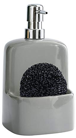 BosilunLife Dish Soap Dispenser - Black Ceramic Kitchen Soap Dispenser with Sponge Holder Matte Ceramic Soap Daddy Dispenser 20oz for Kitchen Soap Pump and Sponges Caddy (Grey)