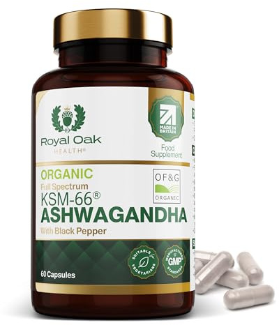 Organic High Concentration Full Spectrum KSM-66 ASHWAGANDHA with 5% Withanolides and Black Pepper, Made in Britain by Royal Oak Health, 60 Capsules