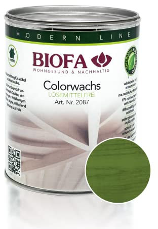 BIOFA Colorwachs lösemittelfrei farbig natürliche Holz-Wachs-Lasur mit Carnaubawachs für Holzdecken, Möbel, Spielzeug Moosgrün 1L