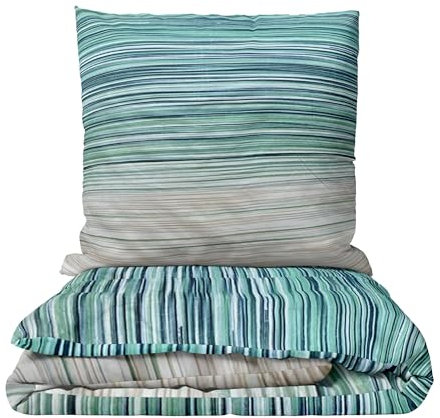 Leonado Vicenti Bettwäsche Set Baumwolle Renforce Grau Grün gestreift modernes Design Deckenbezug Kissenbezug atmungsaktiv mit Reißverschluss 2teilig, 135x200 cm