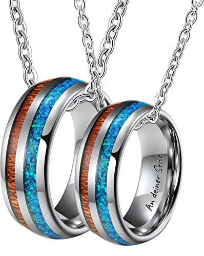 KnSam Wolfram Partner Ketten Gravur EIN Leben lang an deiner Seite, Anhänger Ring 8MM Holz Opal Pärchen Halskette 2 Teilig Silber, Gr.54 & Gr.62, Länge 60cm/ 50cm