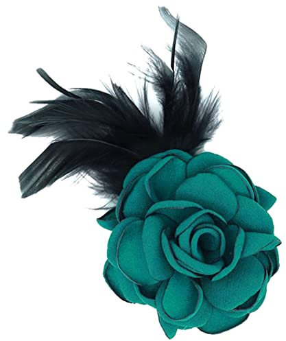KABELIF Damen Rose Blume Brosche mit Federn, Blume Ansteckblume, Blume Haarspange, Haarclip Blume, Rosen Haarnadeln Haarblume Haarblüte Haarschmuck (Grün)