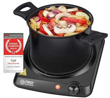 TZS First Austria Plaque Électrique avec 2 Poignées, 2000W, Noir, Électrique - Plaque de Cuisson Vitrocéramique avec Infrarouge, 0 à 300°C en 30 secondes, Diamètre de 17,5cm, pour Camping