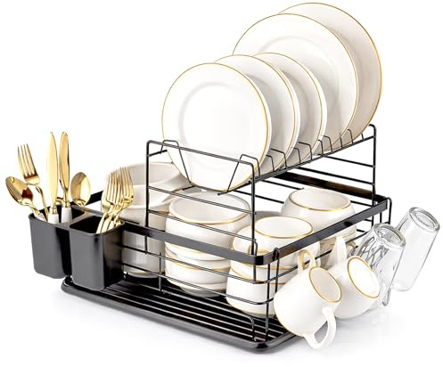 Innoteck Essentials 2 Tier Dish Drainer Rack - with Removable Cutlery Holder and Metal Base Drip Tray - Black Large Capacity Rustproof - Organiser for Kitchen Counter - 41.5 x 30.5 x 27cm - Black