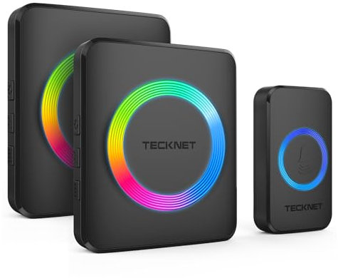 TECKNET Wireless Doorbell with 2 Receivers, 1300ft Long Range IP65 Waterproof Door Bells Wireless Cordless, 120dB Loud Plug-in DoorBell with 5 Volume Levels, 60 Chimes & RGB Light, Ideal for Home