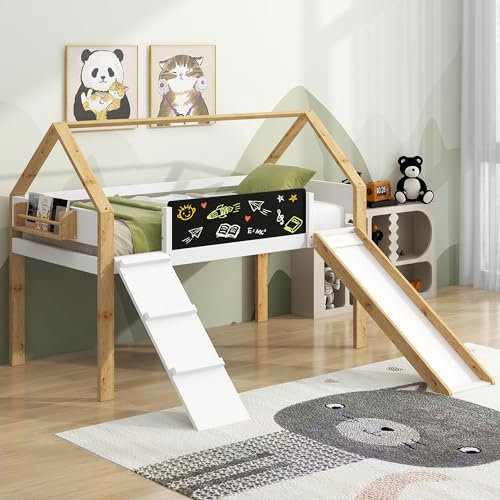 ZYLOYAL10 90x200cm Kinderbett, Hochbett, Kinderbett mit Rutsche, großer Stauraum, mit Regalen, Massivholz-Kinderbett, Natur