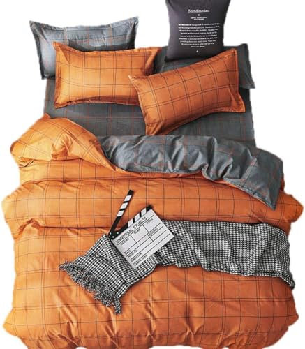 Homemissing Housse de Couette à Carreaux 200x200cm avec taie d'oreiller 50x75cm, Parure de Lit réversible Orange et Gris avec Fermeture éclair, Literie à Carreaux Géométrie, Microfibre Souple
