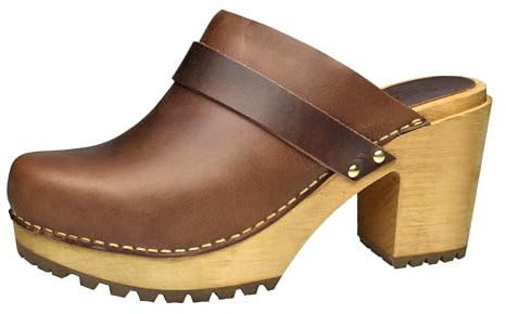 Sanita Peleni Chunk Offener Clogs | Original handgemacht | Leder-Holzclogs für Damen | 8 cm | Braun | EU 38